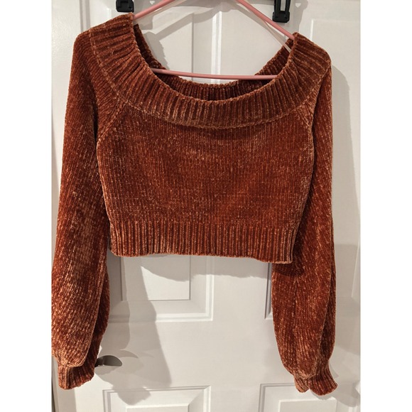 Cliche' Chenille Off Shoulder Cropped Sweater Rust Orange XS Extra Small - Picture 1 of 4